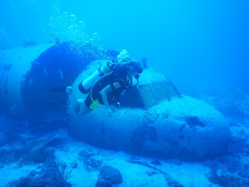 Diver near the sunken airplane